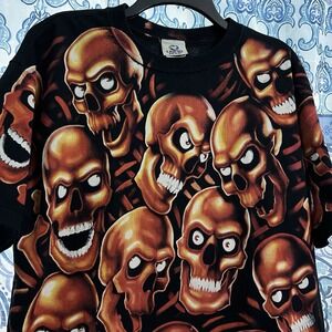 Vintage Y2K Liquid Blue RED Orange Skull Pile AOP T Shirt All Over Print Size L